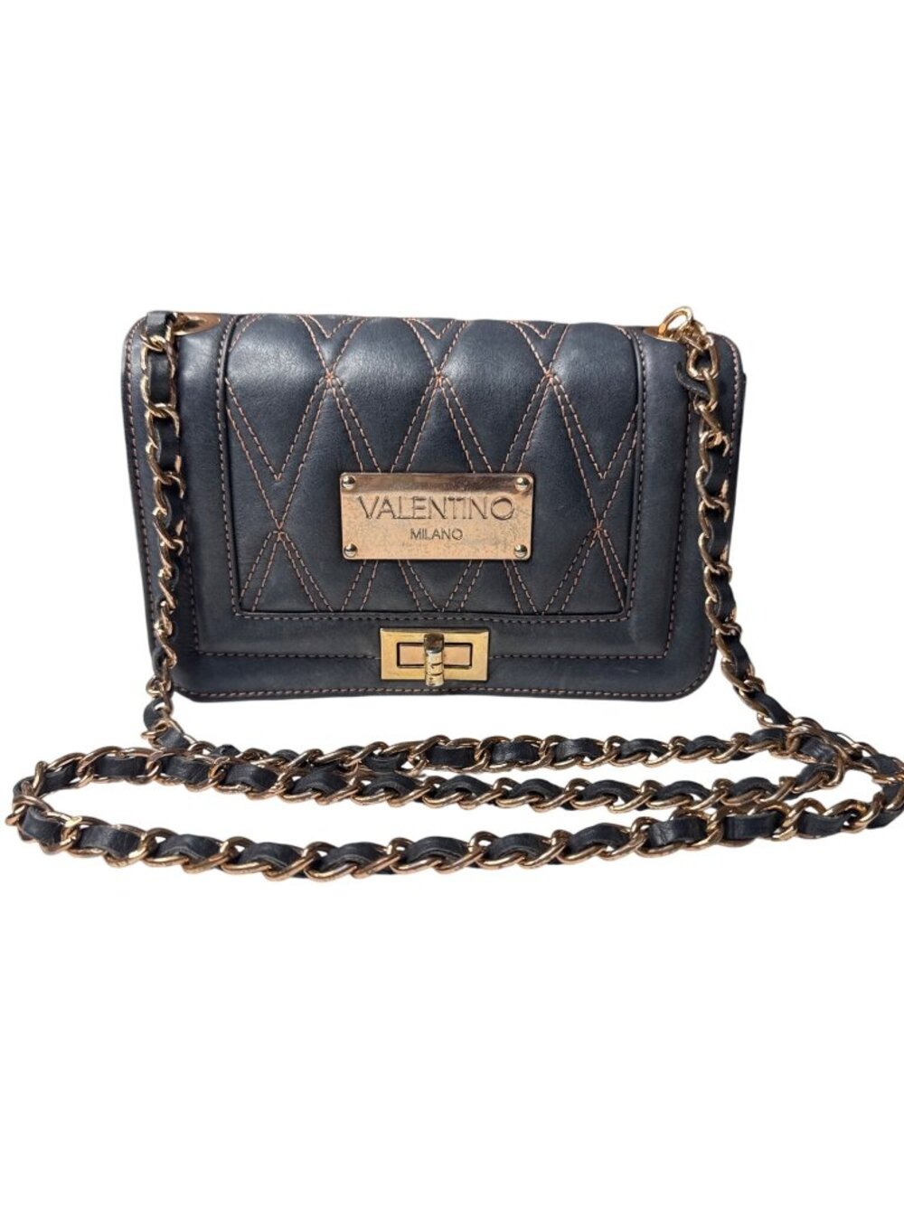 Valentino Milano Quilted Black Leather Chain Shoulder Bag With Gold Accents